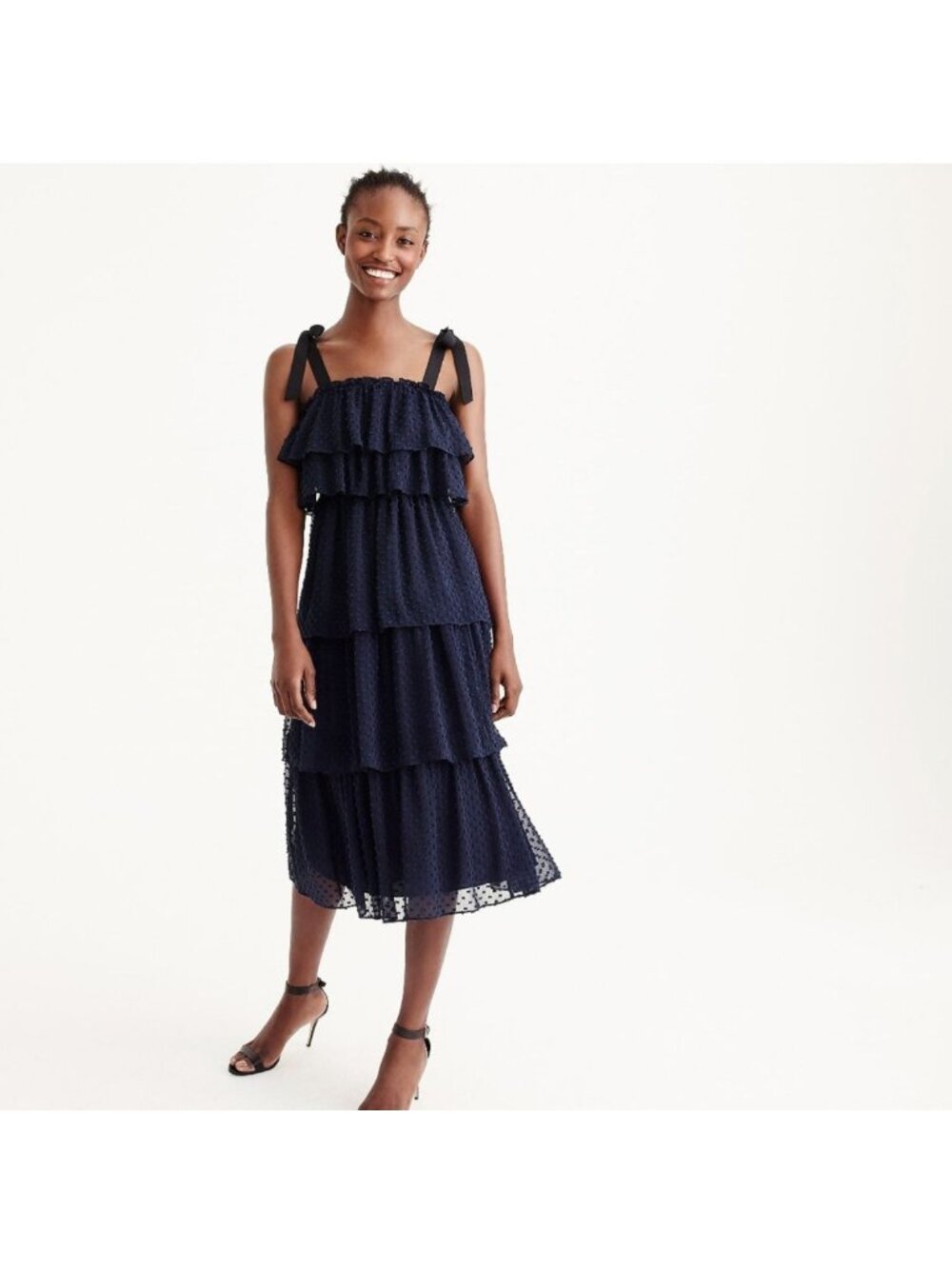 NWT J. Crew Ribbon Tie Shoulders Navy Swiss Clip Dot Tiered Ruffle Midi Dress 14